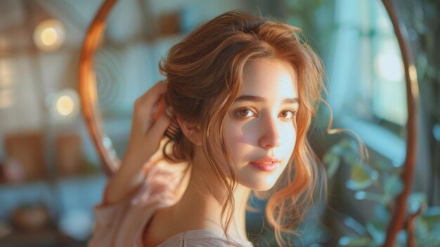 Mirrorfacing young woman brushing her healthy hair