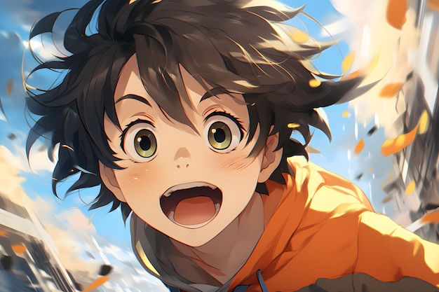 A mischievous and adventurous anime kid with messy unruly hair and a curious expression