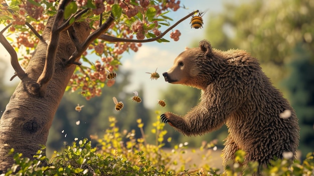 A mischievous bear trying to use a cherry tree as a ladder to steal honey from a beehive only to