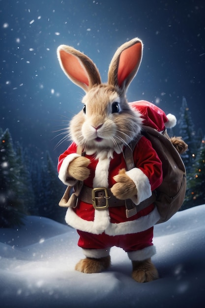 산타클로스로 옷을 입은 악랄한 토끼가 겨울의 기적의 나라를 뛰어다니고 있습니다.