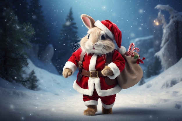 A mischievous bunny dressed as Santa Claus hopping through a winter wonderland