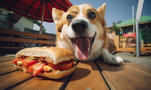 盗まれたお子を楽しもうとしている悪質なコルギ居心地の良いカフェで遊び心のある犬が木製のテーブルの上で誘惑的なホットドッグを熱心に眺めている生成的なAIツールで作成された