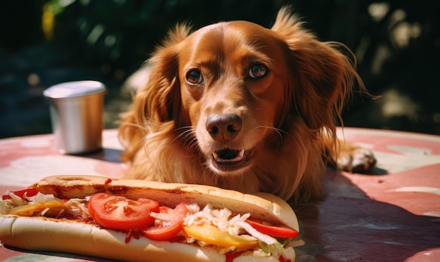 Mischievous dog caught in the act savoring a stolen hot dog with sheer delight Created with generative AI tools