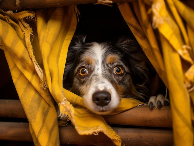 Mischievous dog peeking out from a cozy blanket fort