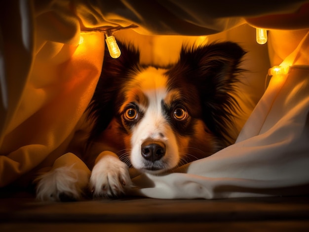 Mischievous dog peeking out from a cozy blanket fort