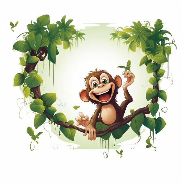 Photo mischievous and energetic cartoonstyle monkey swinging from vines in the jungle on white backgroun