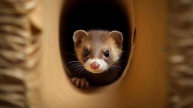 A mischievous ferret peeking out of a cardboard tube AI generated