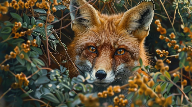 A mischievous fox peeking out from behind a bush brought to life in stunning detail AI generated illustration