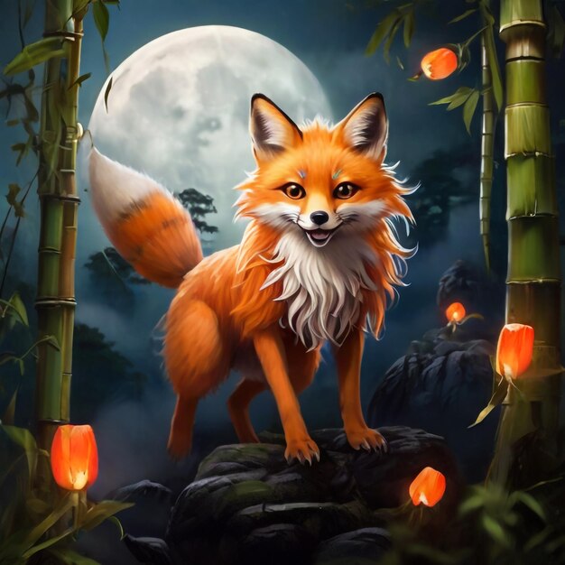 A mischievous fox spirit with nine tails frolicking in a bamboo forest under a full moon