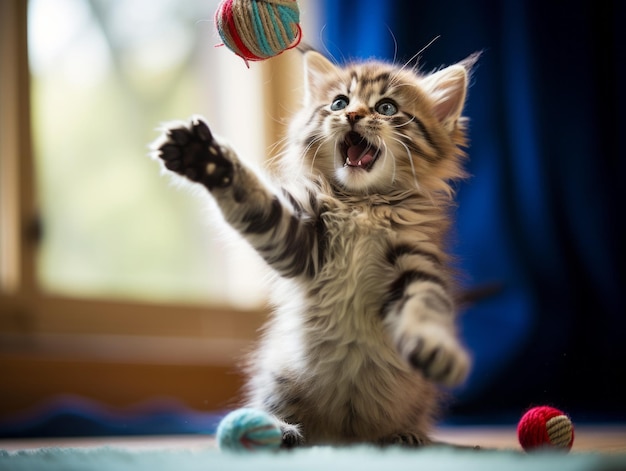 Фото Озорной котенок игриво хлопает болтающуюся игрушку