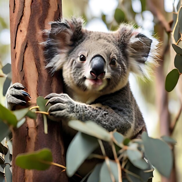 A mischievous koala playfully snacking on a bunch of eucalyptus leaves AI