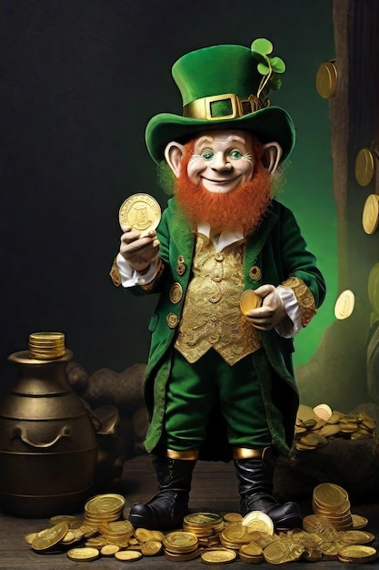 A mischievous leprechaun with a twinkle in his eye standing atop a pot of gold