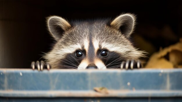 A mischievous raccoon peeks out of a bright blue container