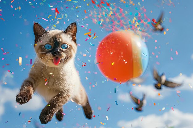 Photo a mischievous siamese cat soars through the air clinging to a colorful beach ball the cats tongue sticks out playfully as it flies past pigeons confetti rains down in a flurry of bright colors