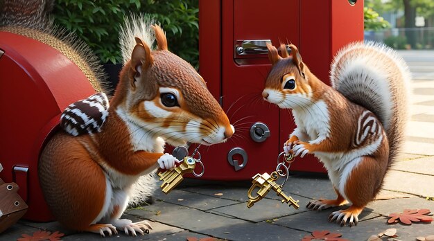 The mischievous squirrel playing with a shiny key