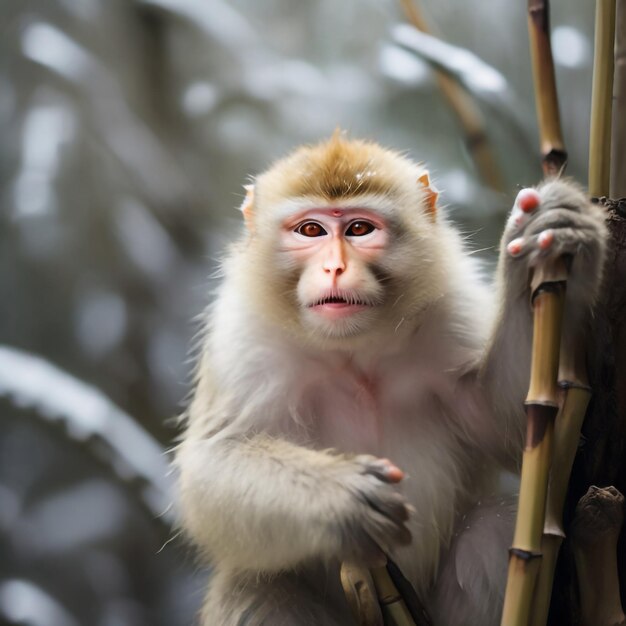 A mischievous white fur snow monkey swings through a frosted bamboo forest