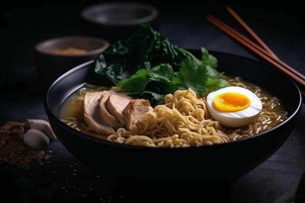 Miso ramen asian noodles with egg pork and pak choi cabbage in bowl on dark surface