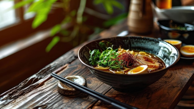 Miso Ramen with extra toppings against a stylish ramen bar scene