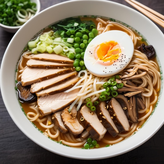 ミソラーメン ラーメンヌードル 切った肉 切ったシタケキノコ 硬煮の卵