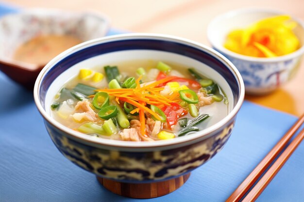 Miso soep met maïs en gesneden zoete paprika's levendige kleuren