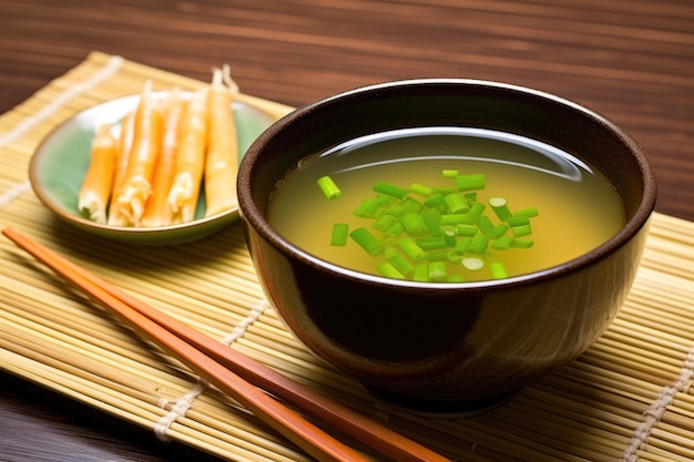 Miso soup garnished with green onions on a bamboo mat