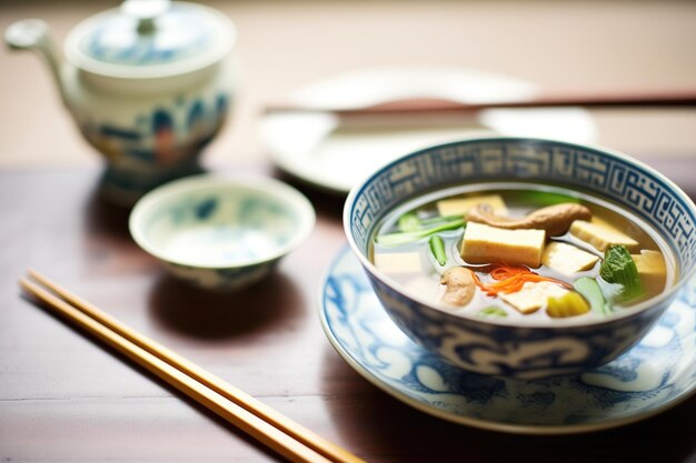 Photo miso soup with mushrooms and tofu blocks soft focus