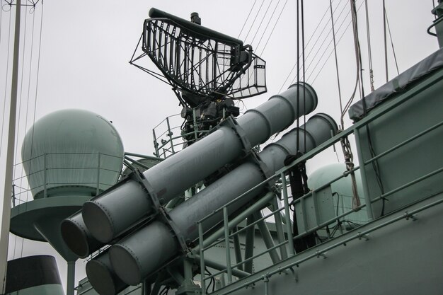 Photo missile launcher and radar system on warship