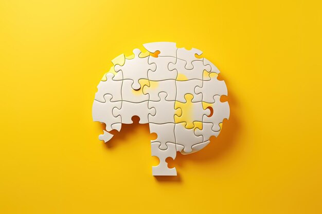 Missing piece of brain shaped jigsaw puzzle on yellow background hinting at memory issues and mental