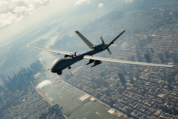 During mission over city combat drone is controlled by an automated system ai generation