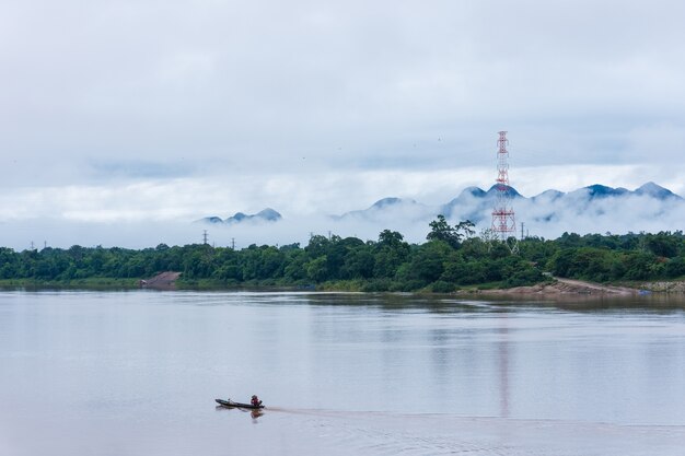 Mist is floating through the mountains along the Mekong River