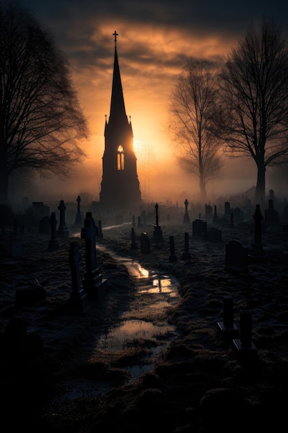 Mist omringt spookachtige begraafplaats