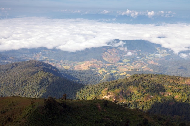 Mist over de berg bij Doi Inthanon nationaal park Thailand