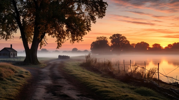 Foto mist over het park en de boerderijen aan de rivier bij zonsopgang