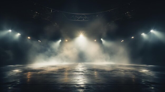 mist stage rook in de achtergrond licht van het theater schijnwerpers op een leeg podium verlicht podium in de zaal