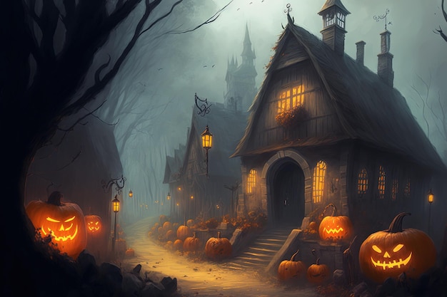 In the mist there lies a witch town with pumpkins realistic depiction of a Halloween event