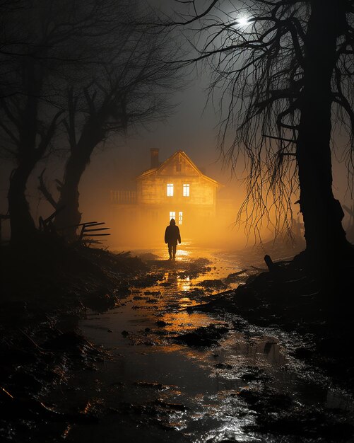 mist verlicht een weg en een huis in de buurt van de mist in stijl van angstaanjagende portretten