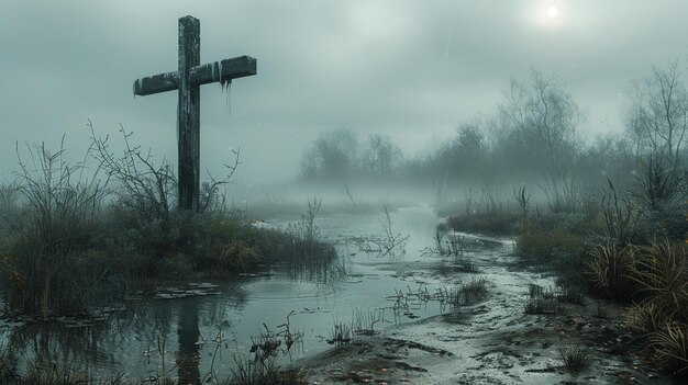 Photo a mistcovered marsh with solitary cross wallpaper