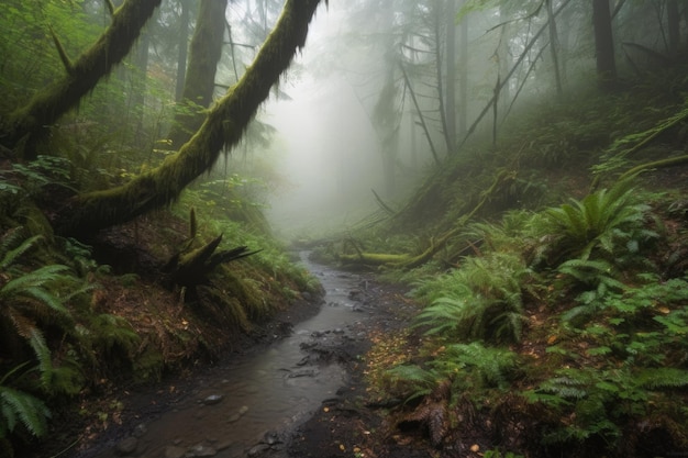 Mistfilled forest with towering trees and a babbling stream created with generative ai