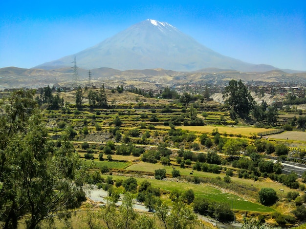 Misti-vulkaan in arequipa - peru, landschap met vegetatie en de vulkaan op de achtergrond.