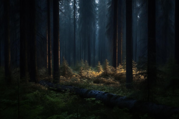 Mistig bos 's nachts Donker humeurig bos met mist en licht