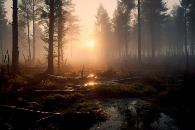 Mistig bos waar de bomen bedekt zijn met een dikke deken van melkachtige mist