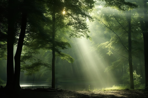 Mistig bos waar zonnestralen doorheen dringen