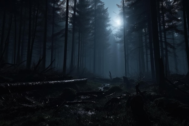 mistig en donker bos 's nachts mysterieus bos Magisch verzadigd mistig bosbomenlandschap
