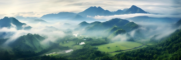 Mistig landschap in de jungle Mist en wolken berg tropic vallei landschap luchtfoto breed mis