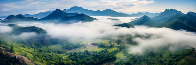 Mistig landschap in de jungle Mist en wolken berg tropic vallei landschap luchtfoto breed mis