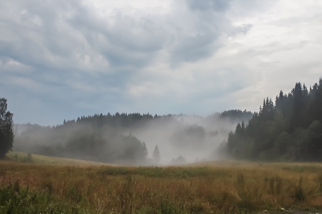 Mistig landschap in Karelië, Rusland