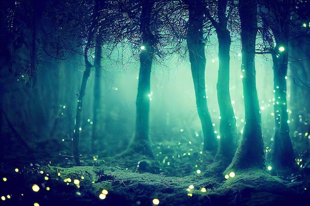 Mistig mysterieus bos met lichten