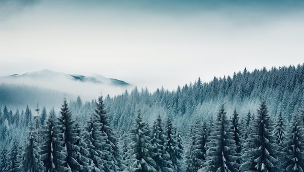 Mistig winterlandschap met naaldbos in de bergen