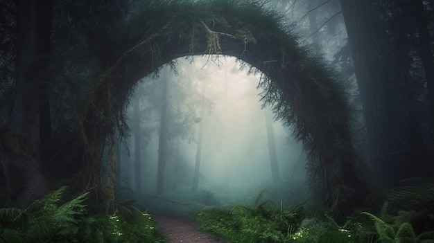 Mistige donkere stemming Archway in een betoverd sprookjesachtig boslandschap