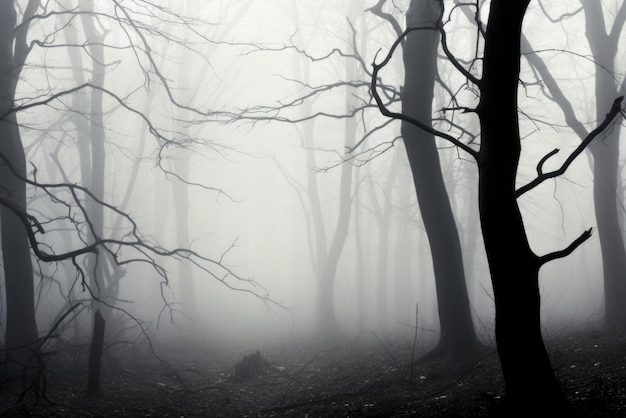 Mistige griezelige bosachtergrond enge bomen in het bos van de verschrikkingsmist gelukkig halloween